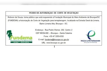 PUBLICAÇÃO LEGAL | PEDIDO DE AUTORIZAÇÃO DE CORTE DE VEGETAÇÃO