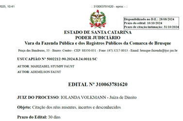 PUBLICAÇÃO LEGAL | USUCAPIÃO Nº 5002212-90.2024.8.24.0011/ SC