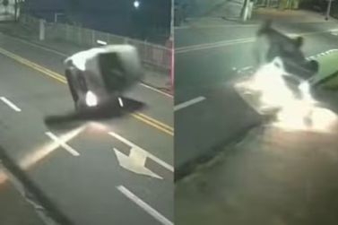 Motorista capota carro, retorna pra pista e segue dirigindo em Blumenau