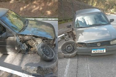 Carro fica destru&iacute;do ao colidir contra poste, no Azambuja