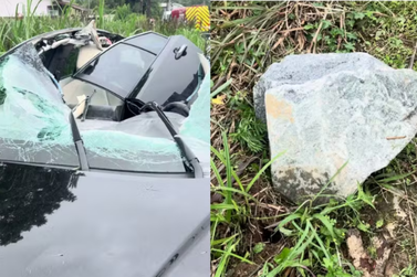 Pedra de 50 quilos despenca de caminh&atilde;o, atinge carro e deixa mulher gravemente ferida
