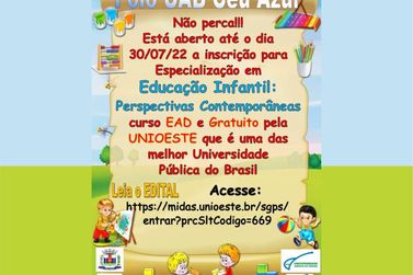 Matrícula para o Curso de especialização em Educação Infantil encerra 30/07 