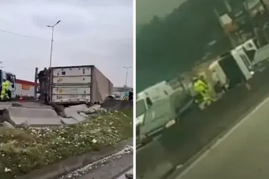 BR-101 est&aacute; parcialmente bloqueada ap&oacute;s tombamento de caminh&atilde;o, em Bigua&ccedil;u