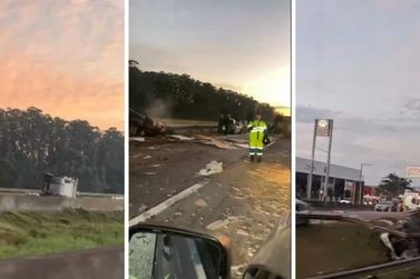 Engavetamento entre caminh&otilde;es e carros interdita a BR-101 em Tijucas