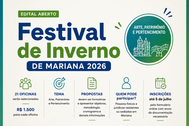 Mariana abre sele&ccedil;&atilde;o de oficinas para o Festival de Inverno 2026