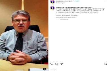 Prefeito de Mirassol declara apoio a Bolsonaro e Tarcísio