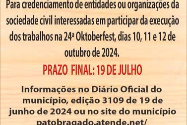 CCO abre chamamento público para credenciamento  24ª Oktoberfest de Pato Bragado