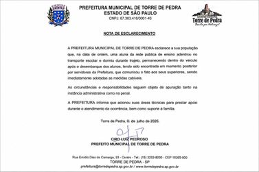 Prefeitura de Torre de Pedra divulga nota sobre caso de aluna esquecida em &ocirc;nibus escolar