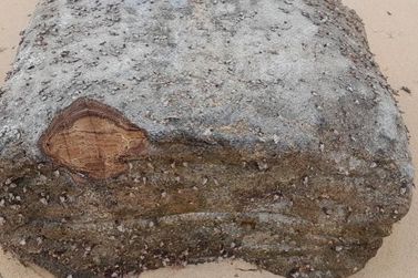 Fardo de l&aacute;tex da Segunda Guerra aparece na Praia do Parracho
