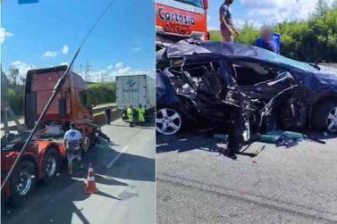 Fernão Dias: automóvel é prensado entre caminhão e carreta e motorista sai ileso