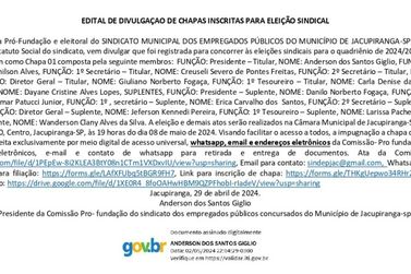 Edital de divulgação de chapas inscritas para eleição sindical