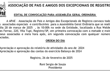 EDITAL DE CONVOCAÇÃO PARA ASSEMBLÉIA GERAL ORDINÁRIA