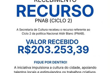 Santa Terezinha de Itaipu recebe R$ 203 mil da PNAB