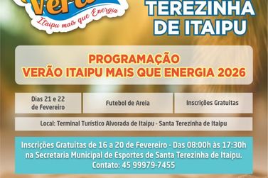 Ver&atilde;o Itaipu Mais que Energia 2026 ter&aacute; futebol de areia em Santa Terezinha de I