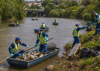 Equipes retiraram pl&aacute;sticos, metais e entulhos do rio durante opera&ccedil;&atilde;o que mobilizou servidores e cinco embarca&ccedil;&otilde;es