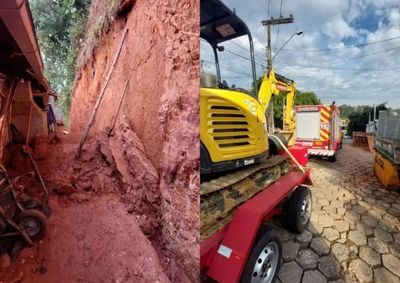 Acidente aconteceu durante a constru&ccedil;&atilde;o de um muro de conten&ccedil;&atilde;o; jovem foi encaminhado ao hospital com dores na perna