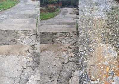 Imagens mostram pavimento deteriorado, rachaduras, buracos e trechos com estrutura interna aparente