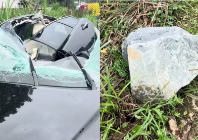 V&iacute;tima de 60 anos foi encontrada inconsciente ap&oacute;s pedra atingir para-brisa e danificar teto do ve&iacute;culo