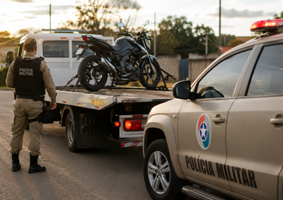 Motocicleta estava sem retrovisores e freio dianteiro e acabou removida ao p&aacute;tio ap&oacute;s fiscaliza&ccedil;&atilde;o da PM