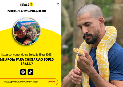 Marcelo Mondadori, do perfil "O Cara dos Bichos", disputa o Pr&ecirc;mio iBest 2026 ao lado de Richard Rasmussen e National Geographic