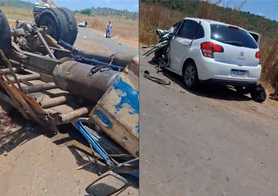 Segundo a Pol&iacute;cia Militar, o caminh&atilde;o teria invadido a pista contr&aacute;ria e atingido um Citro&euml;n C3. As v&iacute;timas foram socorridas pelo Samu

