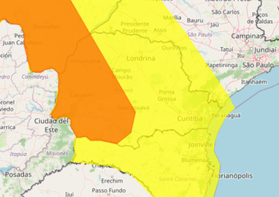 Aviso v&aacute;lido a partir da madrugada desta quarta-feira (10) prev&ecirc; chuva intensa, queda de &aacute;rvores, interrup&ccedil;&atilde;o de energia e transtornos na regi&atilde;o Oeste.