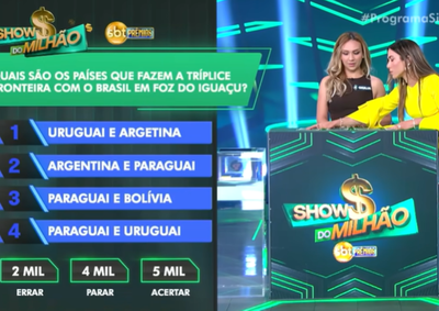 Pergunta sobre a Tr&iacute;plice Fronteira mostrou Argentina sem a letra n. Giulia acertou a alternativa e encerrou a participa&ccedil;&atilde;o com uma bolada.