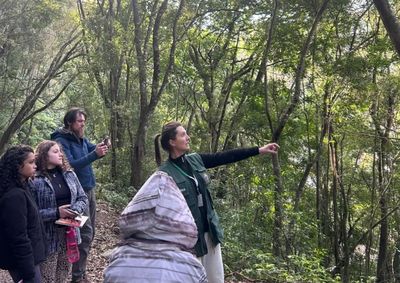Ap&oacute;s a teoria, turma participa de caminhada guiada para conhecer aspectos geol&oacute;gicos, fauna e flora locais.