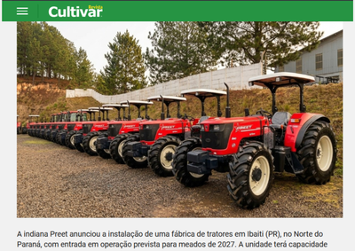 Munic&iacute;pio &eacute; citado pela Revista Cultivar como futuro polo da f&aacute;brica de tratores da Preet