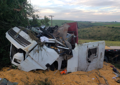 Condutor ficou soterrado pela carga ap&oacute;s o ve&iacute;culo sair da pista em uma curva na MGC-383