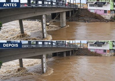 Estrutura permanece com passagem limitada em sentido &uacute;nico; Prefeitura poder&aacute; determinar interdi&ccedil;&atilde;o total caso o n&iacute;vel do rio continue subindo.
