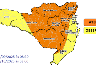 Veja o aviso meteorol&oacute;gico da Prote&ccedil;&atilde;o e Defesa Civil de Santa Catarina.