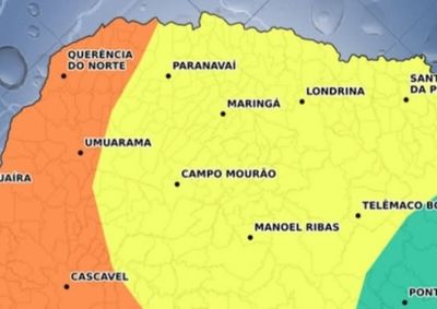 Aviso emitido pelo Sistema de Tecnologia e Monitoramento Ambiental do Paran&aacute; (Simepar) prev&ecirc; alto risco nas cidades localizadas na &aacute;rea laranja do mapa.