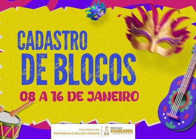 A partir desta quinta-feira (08/01), a Prefeitura de Mariana inicia o cadastro dos blocos que desejam fazer parte da programa&ccedil;&atilde;o oficial do Carnaval 2026
