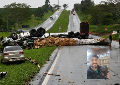 Kleber Godoy, o Klebim, conduzia carreta carregada com doces que tombou e atingiu um carro durante chuva em Taquaritinga (SP-310)