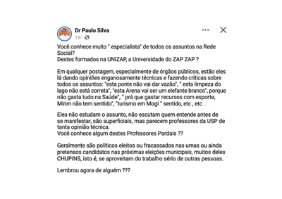 Prefeito chama opositores de "chupins", ironiza "especialistas da UNIZAP" e diz que muitos s&atilde;o pol&iacute;ticos derrotados ou pr&eacute;-candidatos
