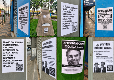 Materiais com cr&iacute;ticas ao candidato &agrave; Presid&ecirc;ncia foram colados em postes, caixa de correio e at&eacute; no busto de Rui Barbosa; autoria &eacute; desconhecida

