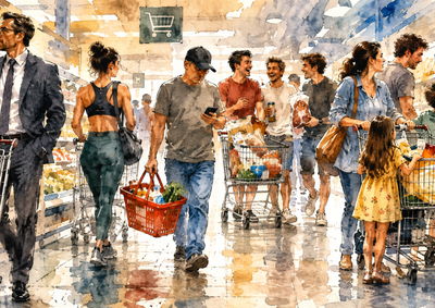 Entre filas, carrinhos e personagens, uma ida ao mercado vira desafio