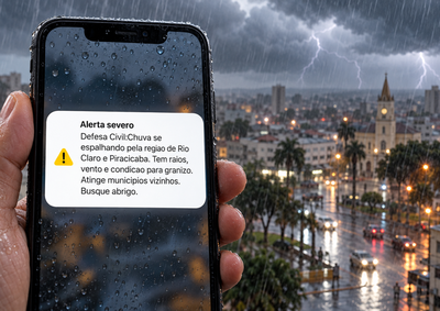 Aviso emitido pela Defesa Civil &agrave;s 13h44 aponta risco de raios, ventos fortes e granizo na regi&atilde;o; orienta&ccedil;&atilde;o &eacute; buscar abrigo