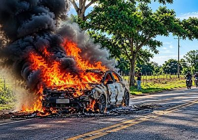 Autom&oacute;vel foi consumido pelo fogo na tarde de s&aacute;bado no distrito de Santana do Guapor&eacute;; motorista havia adquirido o bem no mesmo dia.