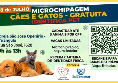 Projeto Identifica Pet oferecer&aacute; microchipagem gratuita para c&atilde;es e gatos, com emiss&atilde;o de documento de identidade animal e vagas limitadas.