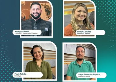 Participam do bate-papo Rodrigo, presidente da ARA Jaboticabeiras; Lorena, personal trainer; Paula, psic&oacute;loga; e Roger, assistente social