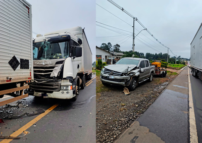 Colis&atilde;o entre dois caminh&otilde;es e uma caminhonete foi registrada em Irine&oacute;polis. Uma rec&eacute;m-nascida e a m&atilde;e foram encaminhadas ao hospital por precau&ccedil;&atilde;o.