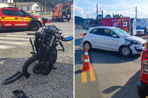 Colis&atilde;o entre carro e moto deixa duas pessoas feridas em Gaspar