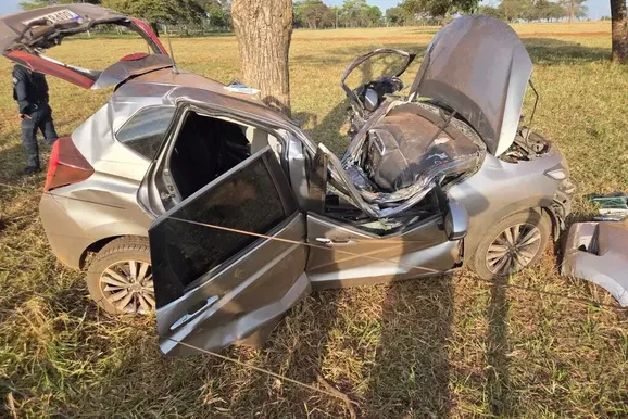 Carro com drogas parte ao meio ap&oacute;s bater em &aacute;rvore durante fuga da PRF em MS