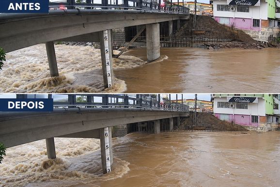For&ccedil;a do Rio Paranhana derruba pilar da Ponte Edmundo Kichler, no Centro de Igrejinha