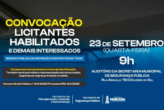 Mariana define pontos de t&aacute;xi em sess&atilde;o p&uacute;blica na pr&oacute;xima quarta-feira