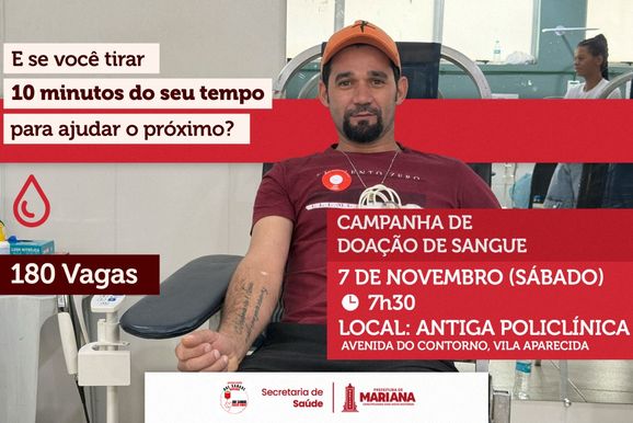 Mariana promove campanha de doa&ccedil;&atilde;o de sangue com 180 vagas em novembro