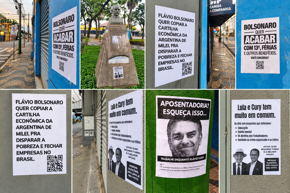 Cartazes contra Fl&aacute;vio Bolsonaro aparecem espalhados pelo Centro