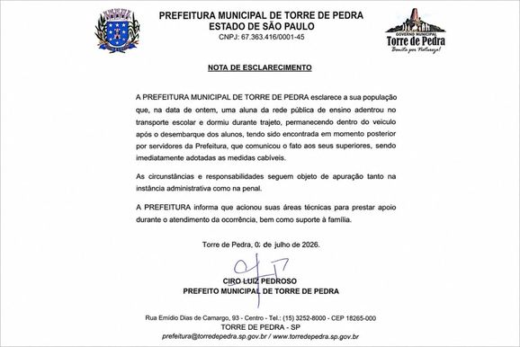 Prefeitura de Torre de Pedra divulga nota sobre caso de aluna esquecida em &ocirc;nibus escolar